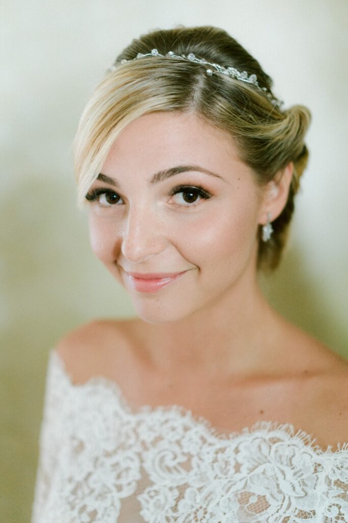 portrait of romantic bride with lace wedding dress by atelier crespi