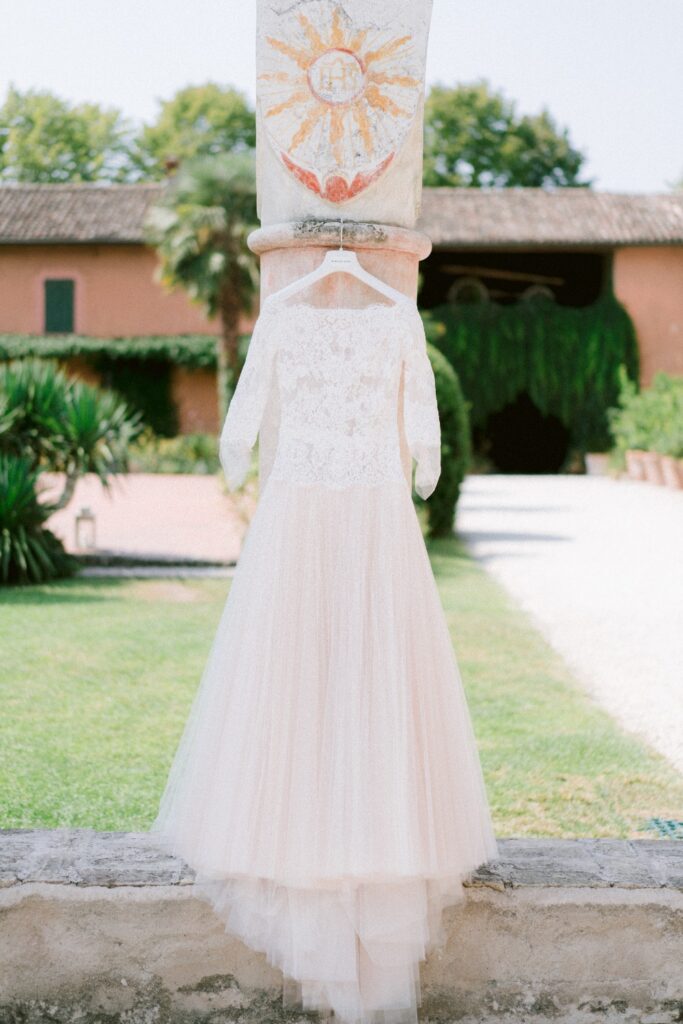 wedding dresses italy - blush pink tulle and lace wedding dress by atelier crespi